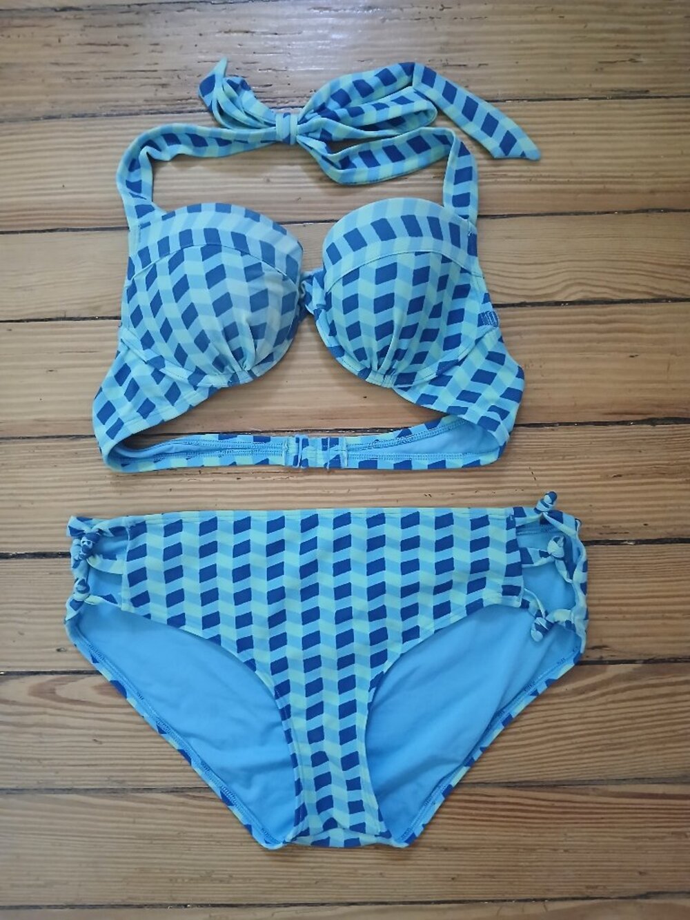 Aerie Blue Plaid 'Blakely' Underwire Halter 34B & Swim Hipster Bottoms L Bikini